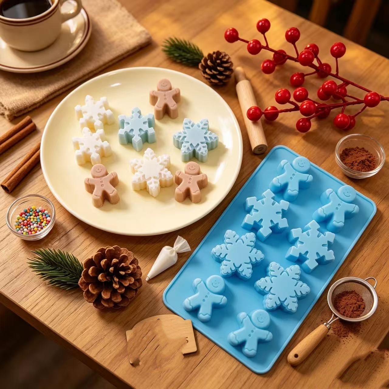TEMU Molde para hornear DIY de 1 pieza para y novedosos, copo de nieve y hombre de jengibre, molde de resina a , molde para cera de