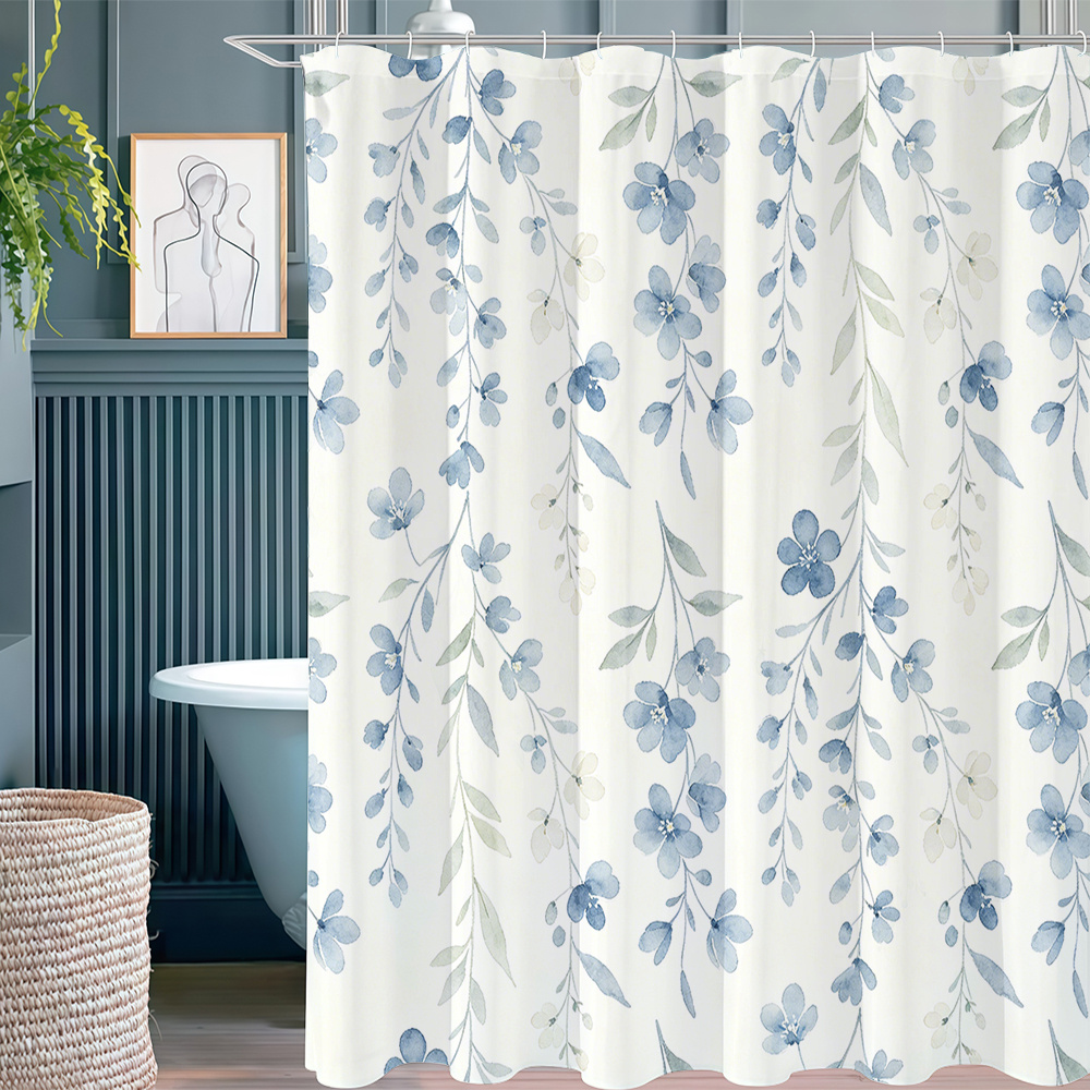 blue drooping small flower watercolor printed shower     decorative shower curtain polyester fabric with 12 hooks   used as bathroom partition room decoration washable