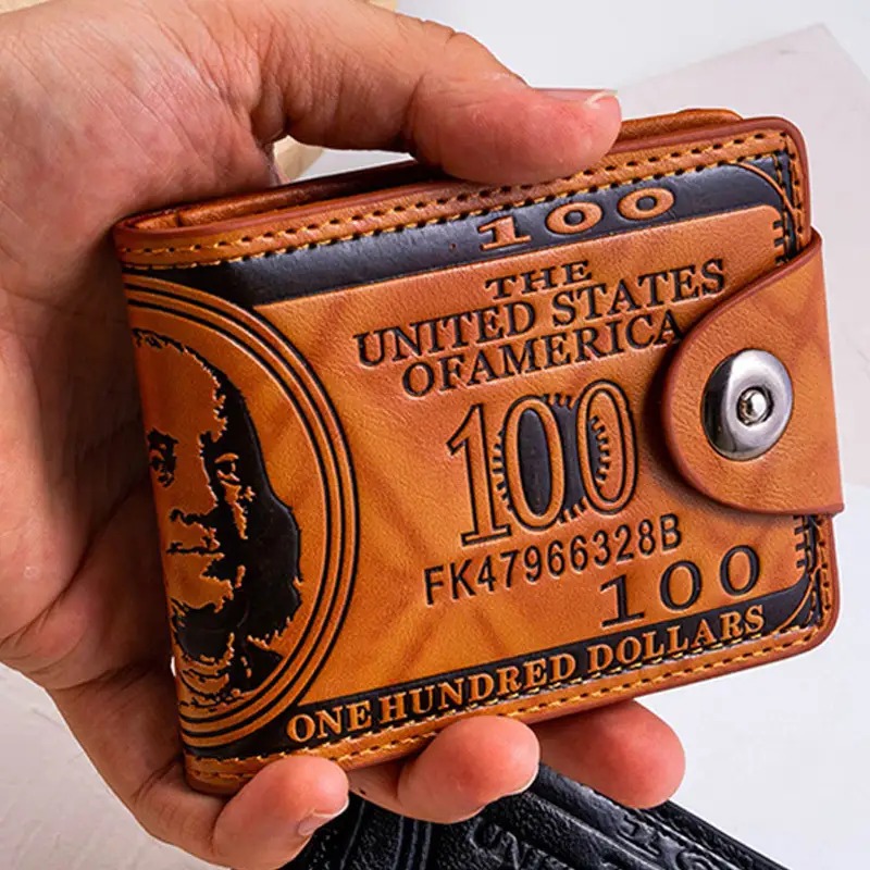 TEMU 1pc Vintage-style Wallet With $100 Bill Design & Multi-card Slots - Slim Snap Closure Coin Purse For , Retro Money Holder With Portrait, Durable