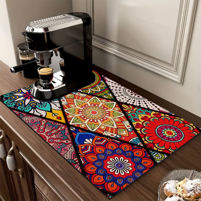 TEMU 1pc Bohemian Mandala Pattern Splicing Tableware Drying Mat - Snowman, Christmas Gift, Poinsettia Pattern, Dryer Mat, Plate Drying Mat, Coffee