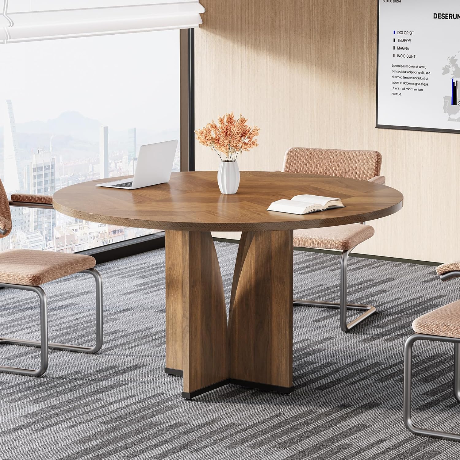 39" Round Conference Table For 4, Modern Round Meeting Table With Sturdy Base, Compact Conference Room Tables For Office, Training, Or Negotiation (brown)
