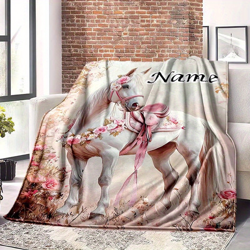 TEMU . Individuelle Namensdecke - Das Weiße Pferd in Meinem Traum Design, Französischer Stil Blumen- & Pferdemuster, 100% Polyester, 200-250g/m²,