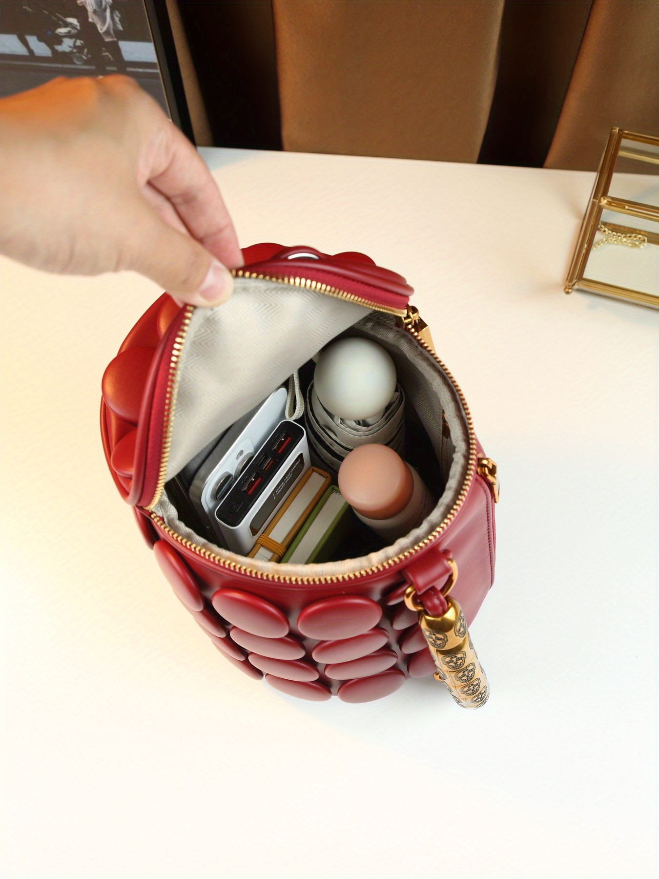 Red Vintage Boston Pillow Bag styled with outfit 2