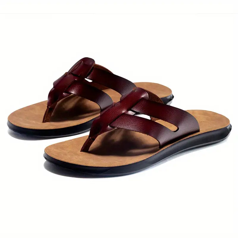   mens retro flip flops anti slip cushioned arch support pu upper pvc sole brown beach sandals with unique strap design breathable eva insole cushioned   for gym pool travel business   slip on footwear versatile casual semi formal shoes travel sandals pool footwear stylish   durable construction antislip sole  able slippers   Product details 4