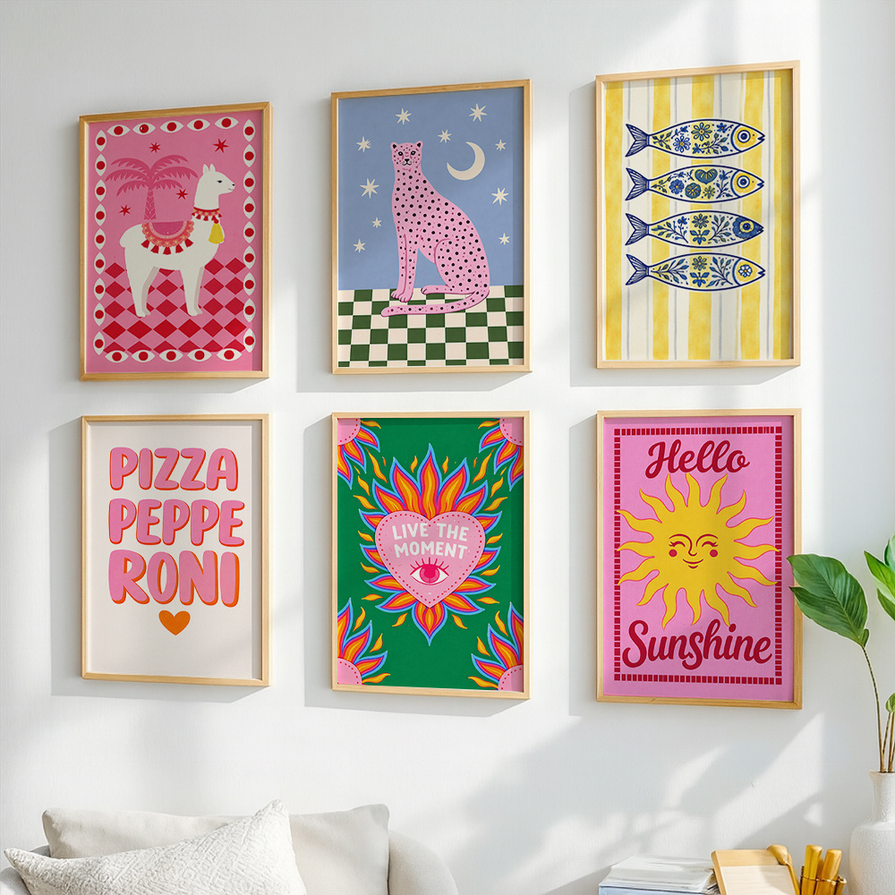 TEMU 2d Flat, 2d Flat, 2d Flat 6pcs Bohemian Retro Art Decor Poster Set, High Color-blocking Design, Vintage Trendy Illustration Style Featuring