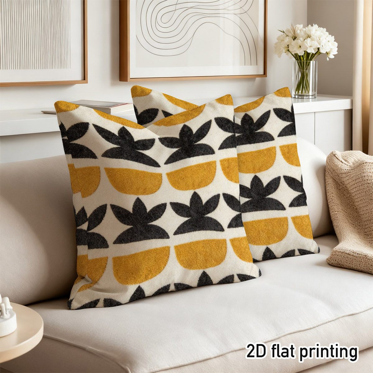 TEMU 2d Flat 2pcs Modern Scandinavian Geometric Pattern Throw Pillow Covers, Duplex Prints With Stylish Black Floral And Mustard Yellow Half Moon ,