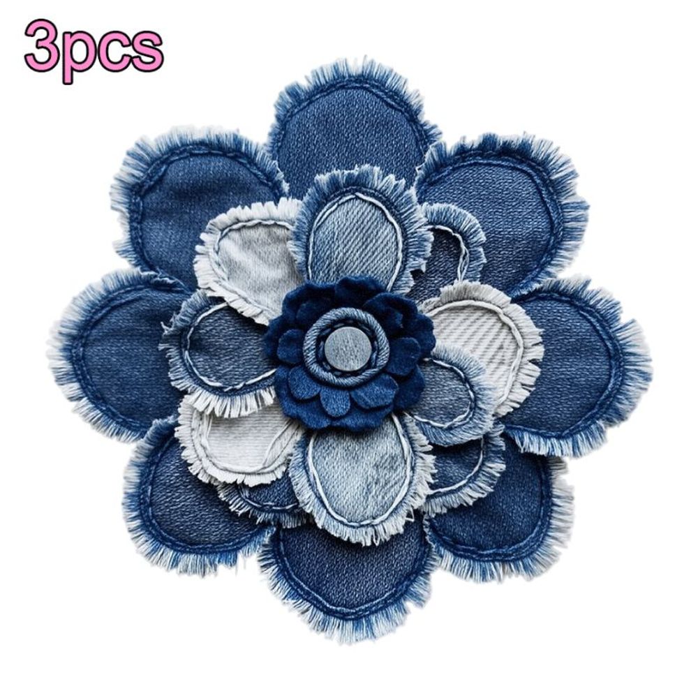 TEMU 3pcs 2d Flat Heat Transfer Stickers Denim Flower Patch Vintage Blue Gradient Fabric Applique For T-shirts Jeans Hoodies Backpacks Canvas Bags
