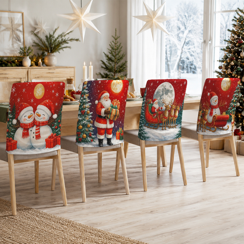TEMU 4pcs, Double Sided 2d Flat Printing, Christmas Decorations, Christmas Dining Chair Back Cover, Chair Back Cover, Chair Back Slipcover, Santa