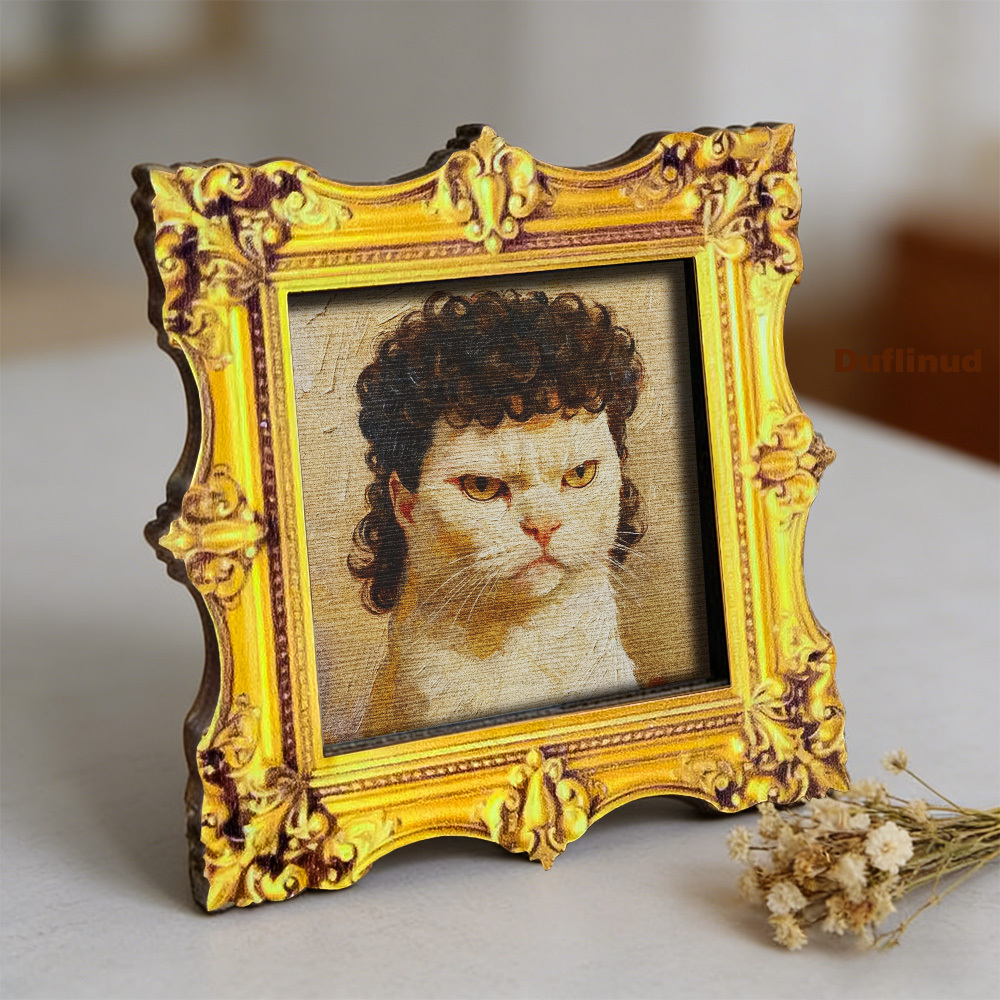 E-shop DUFLINUD Kühlschrankmagnet Katze mit Holzrahmen, geeignet, quadratischer Holzrahmen mit realistischem Ölgemälde – Deko mit ernst