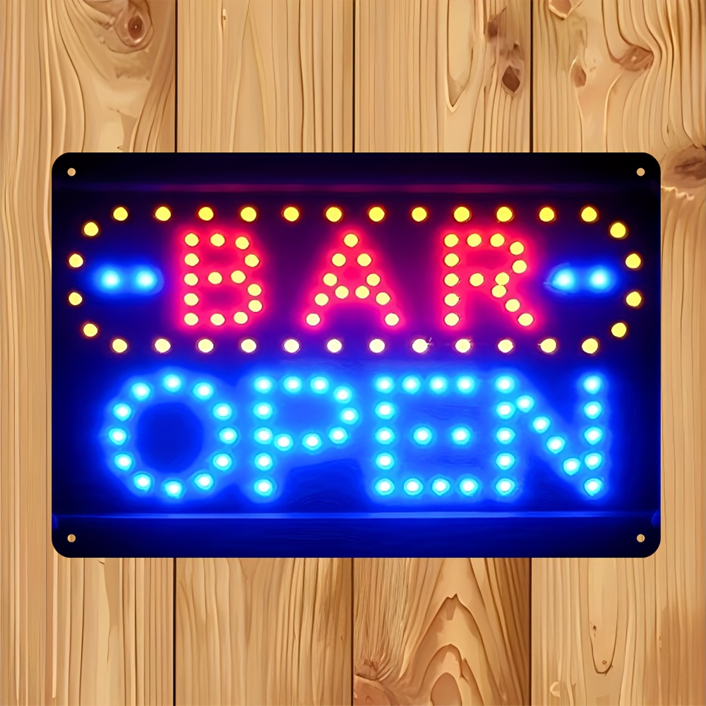 E-shop 2D Flach, . 20,32×30,48 cm Neon-Stil Metallschild "Bar Open" - Leuchtendes Rot- und Blaulicht, Robustes Metall für Zuhause, Garten, Garage,