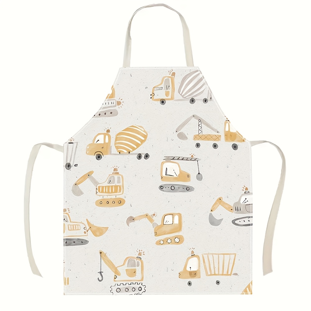 TEMU 1pc Construction-themed Linen Apron Featuring Excavators And - Lightweight, Breathable, Perfect For Cooking, Baking, And Gardening (halloween,