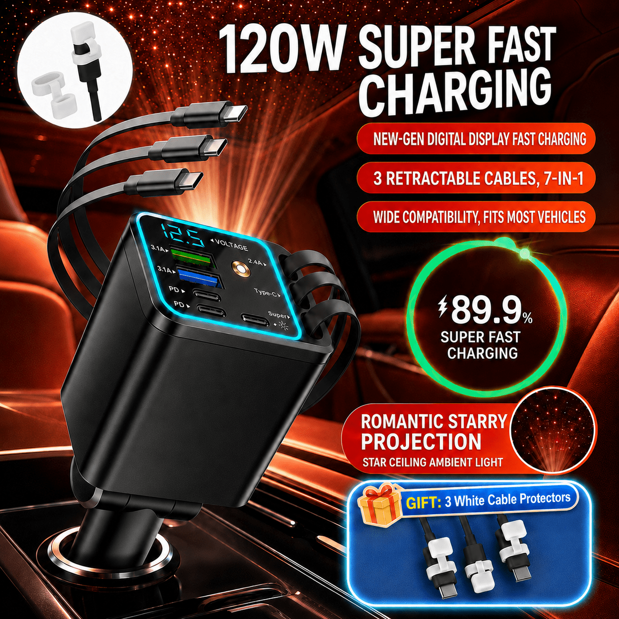 TEMU 7-in-1 Intrekbare 120W, Multi-Poort Snelle Oplaad Autostekker met 3 Intrekbare Kabels, 180° Draaibare LED Voltage Display, 2026 Romantische