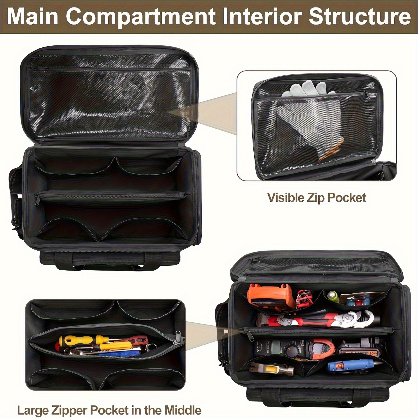 Juego de herramientas de 14 pulgadas con base resistente a rayones y caja de trabajo negra duradera para electricistas y técnicos de reparación—Práctico bolso de almacenamiento multi-compartimento