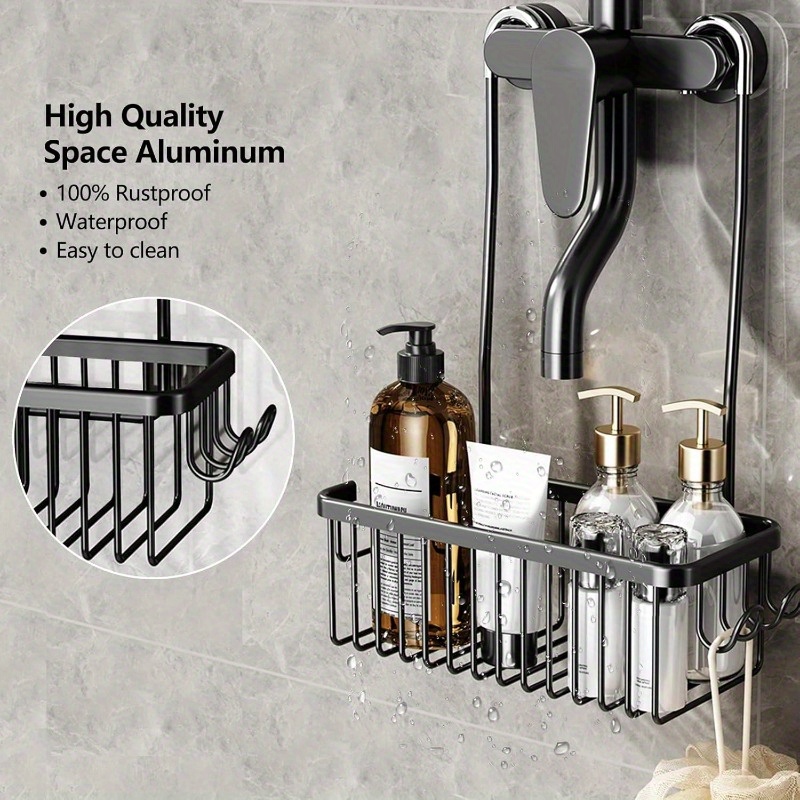 Image of No-drill Shower Shelf For Shampoo, Hanging Storage Basket With 2 Hooks, Features Raised Fence Design For Storage, Ideal For Hanging In The Bathroom