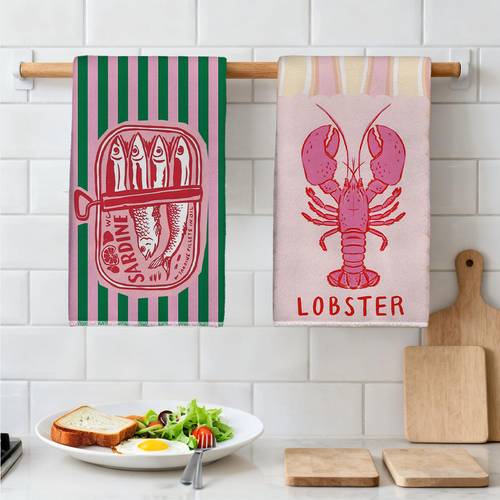 juego de 2 toallas de cocina aptas para regalos de inauguración de casa, paños de cocina con estampado de lata de a rayas y langosta, manteles individuales de microfibra absorbente, toallas de para decoración de baño, temática , contemporáneas