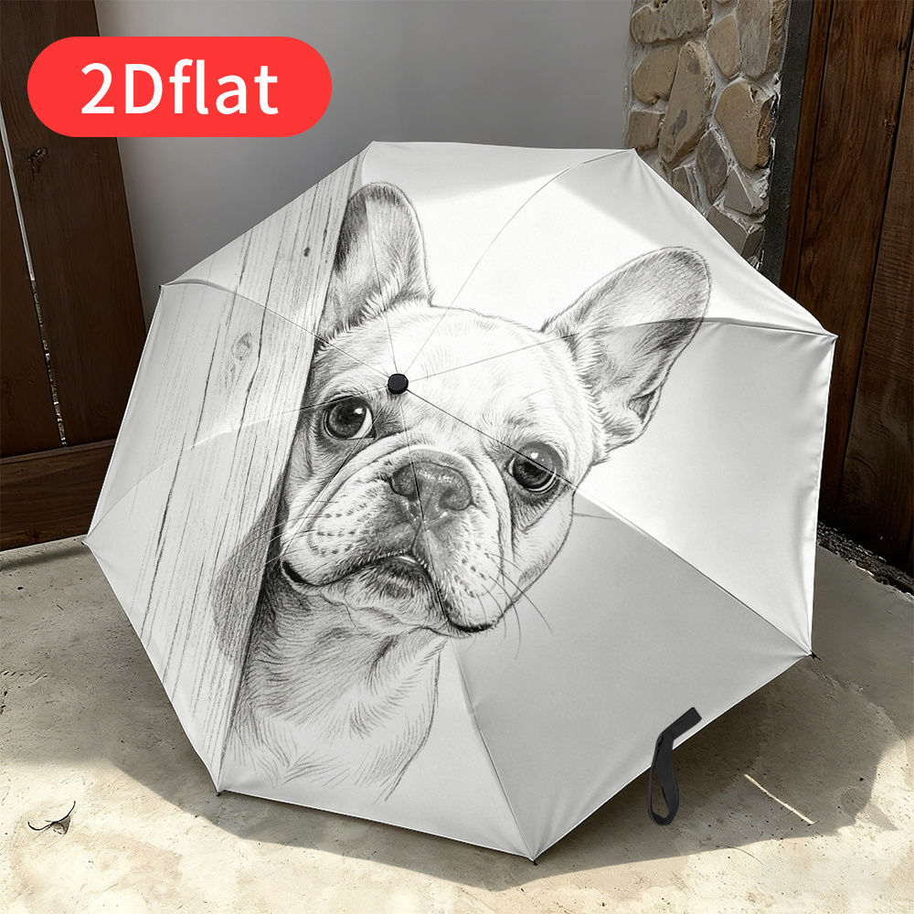 TEMU A Bulldog Folding Umbrella - 2d Flat Print Design, Expressing Puppy Image, Lightweight And Portable Folding Umbrella, Suitable For Occasions,