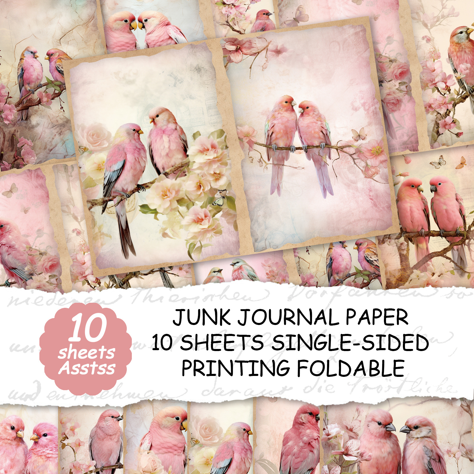 TEMU 10 Sheets Of A4 Paper Featuring A Retro Pink Parrot Design For Valentine's Day, Ideal For Decorative Purposes, Crafting, Junk Journaling, And