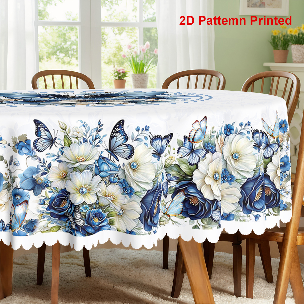 TEMU 1pc, Spring Summer Themed Party Tablecloth, Blue Rose Floral Printed Design, Rectangular/round/oval Table Cloth, Embossed Edge, Suitable For