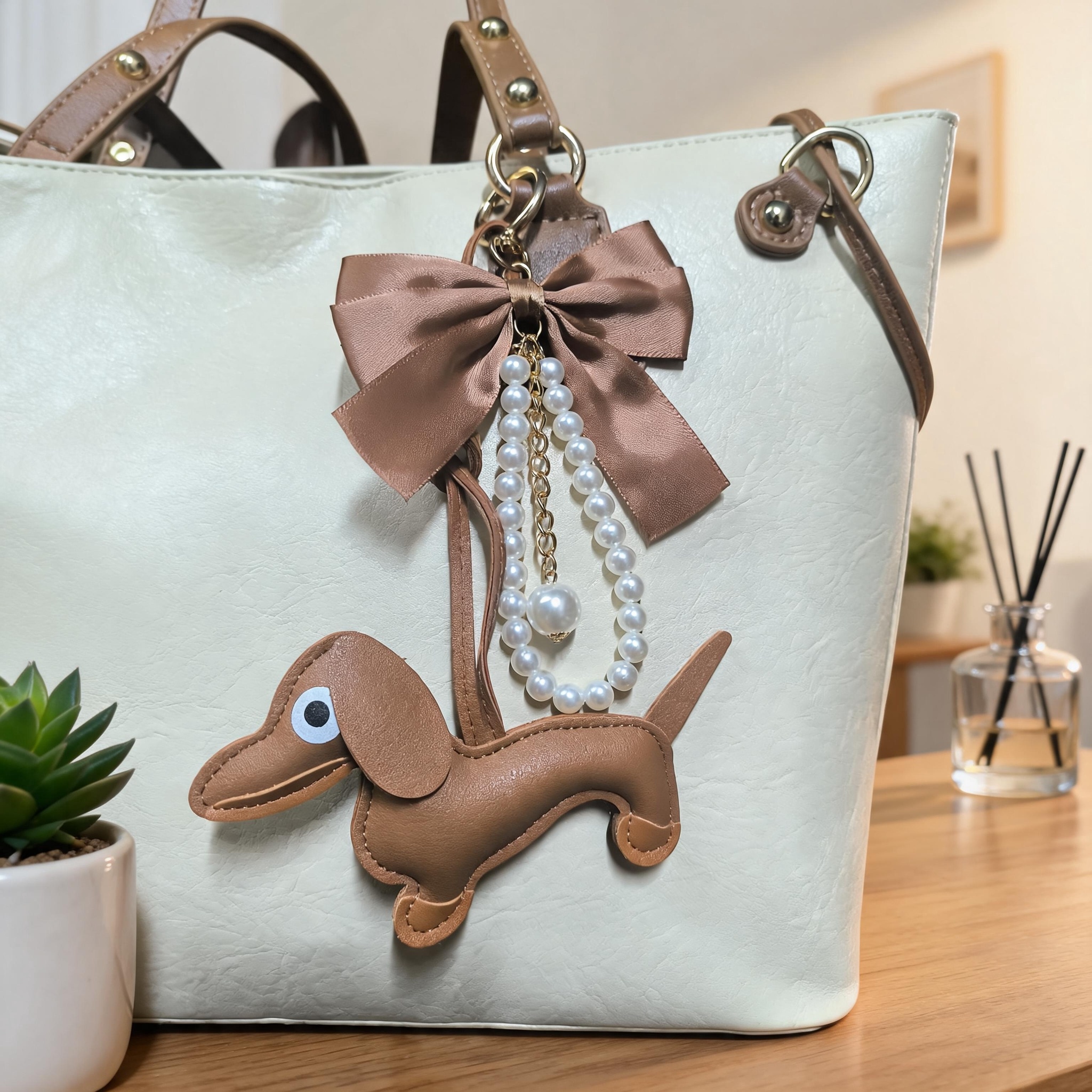 PU Dachshund Dog Bag Charm with Satin Bow