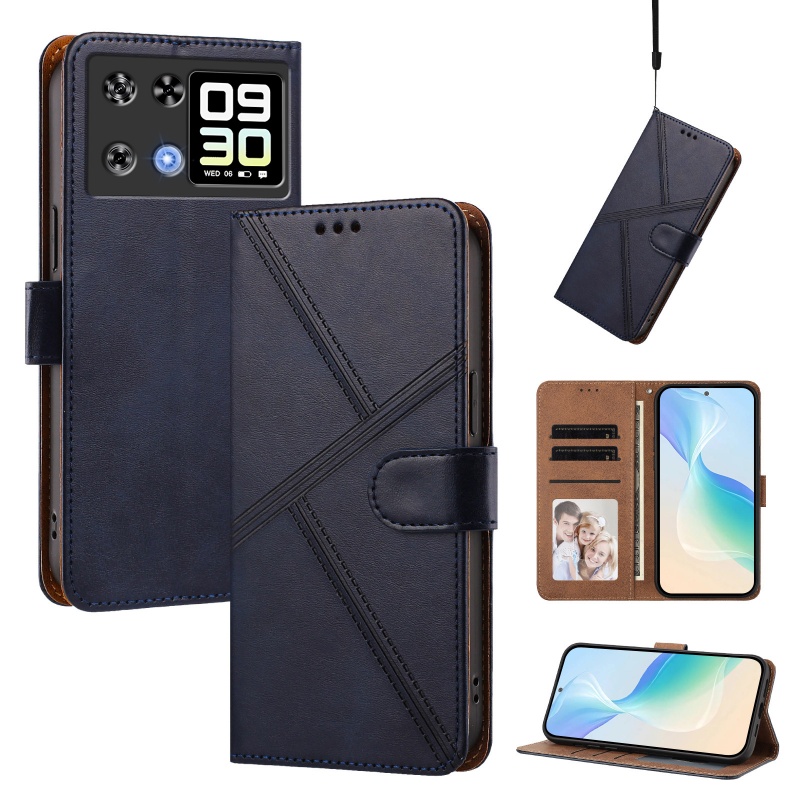 TEMU Phone Case: Synthetic Leather Phone Case, Suitable For Cubot P90, In Striped And Solid Color Options, With Black Lanyard And 3 Card Slots   1