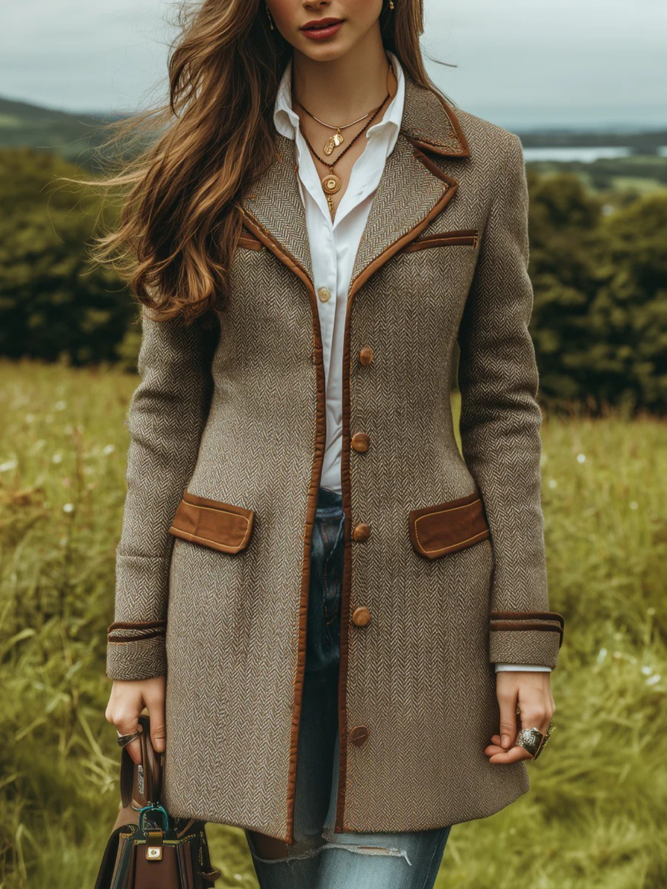 Women's Herringbone Patchwork Coat Jacket
