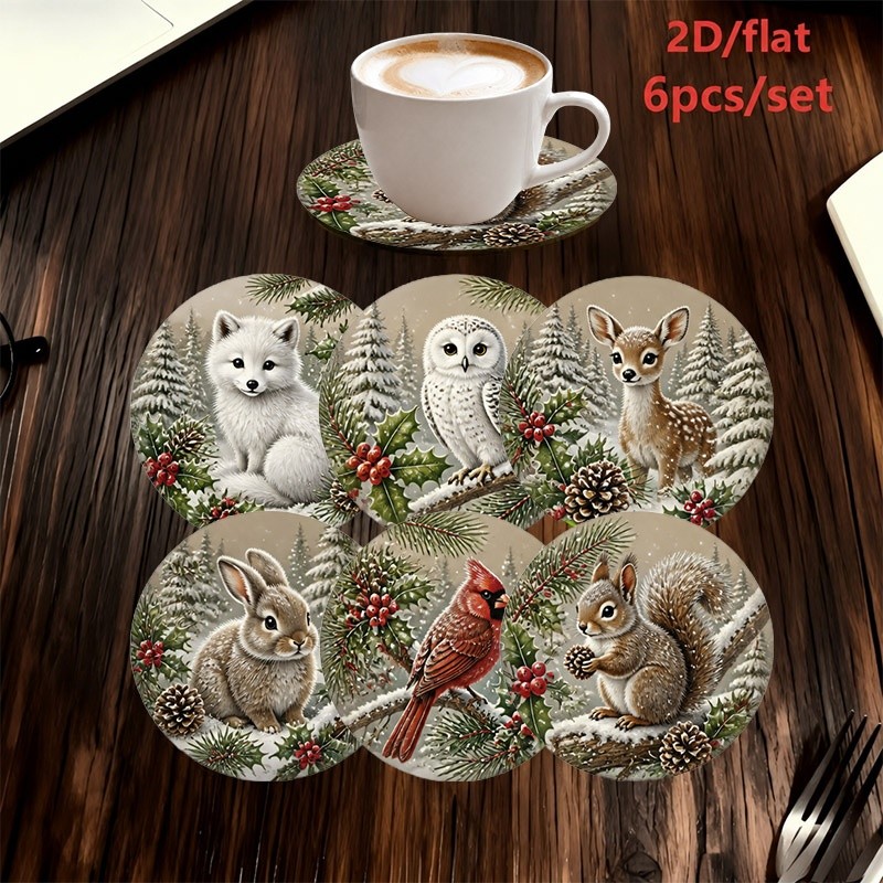 TEMU 2D Platte Print Winter Arctische Vos Houten Onderzetters, 6-delige Set, Kerstthema Sneeuwlandschap Dennenboomtak Bessenpatroon, Geschikt voor