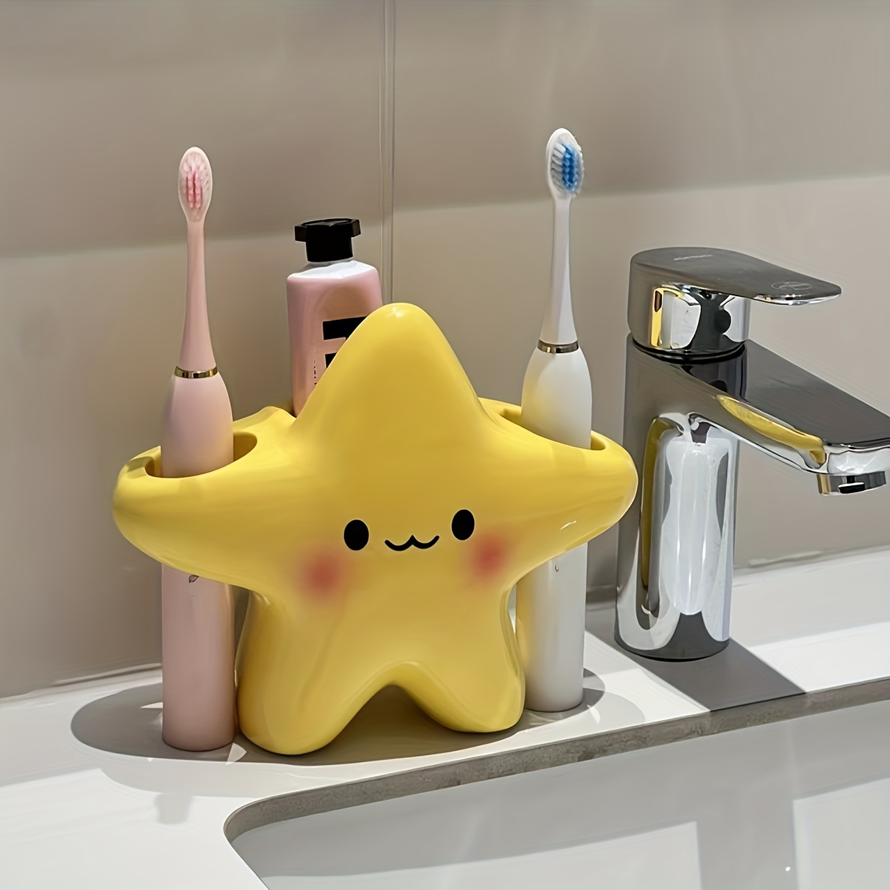 TEMU Porte-brosse à dents en plastique d'étoile - Organisateur de salle de bain indépendant avec motif de visage , structure en plastique durable,