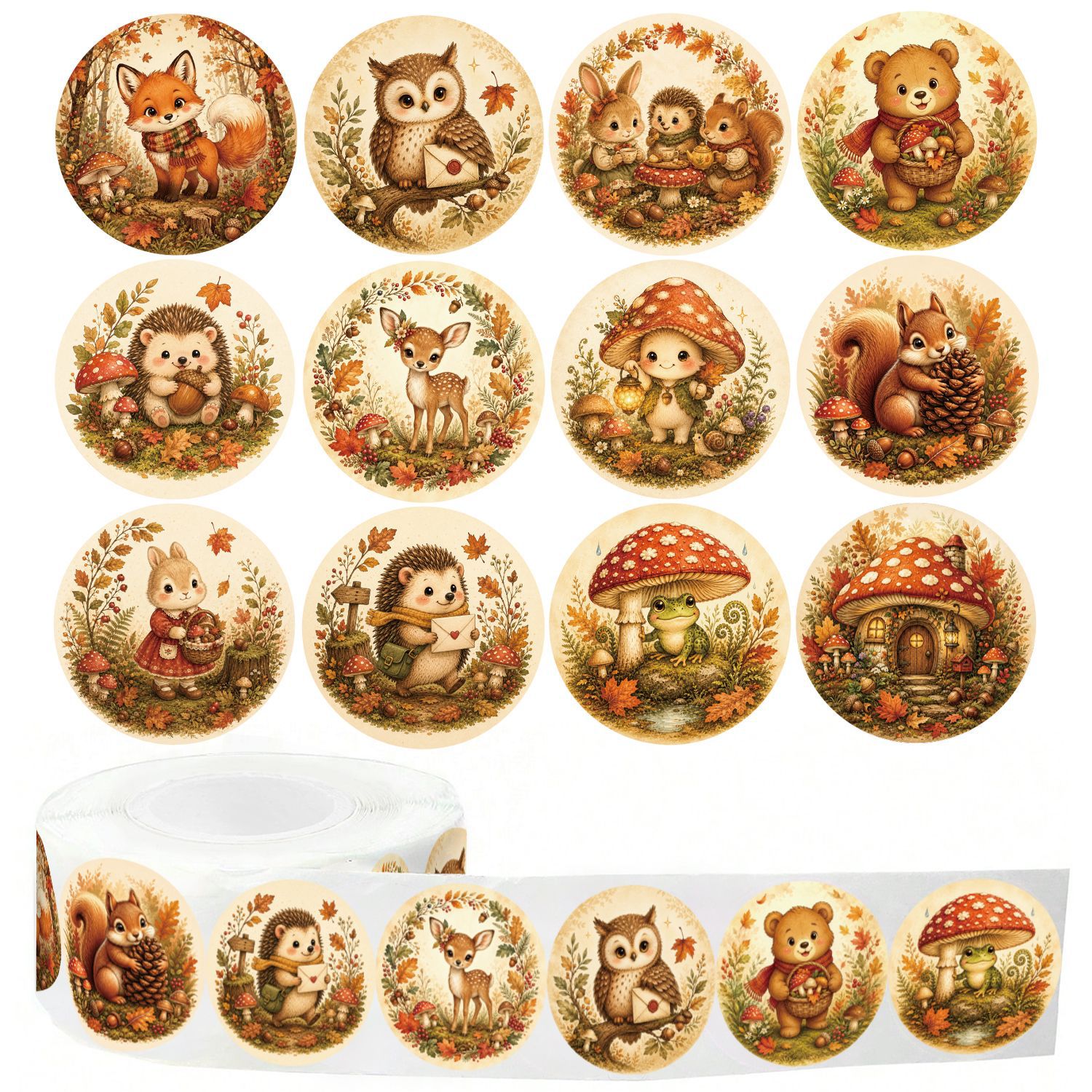 TEMU 500 stuks Vintage Herfst Bos Dieren Ronde Stickers Rol, Leuke Vos Beer Uil Egel Eekhoorn Hert Paddenstoel Herfstbladeren Stickers voor Sluiting