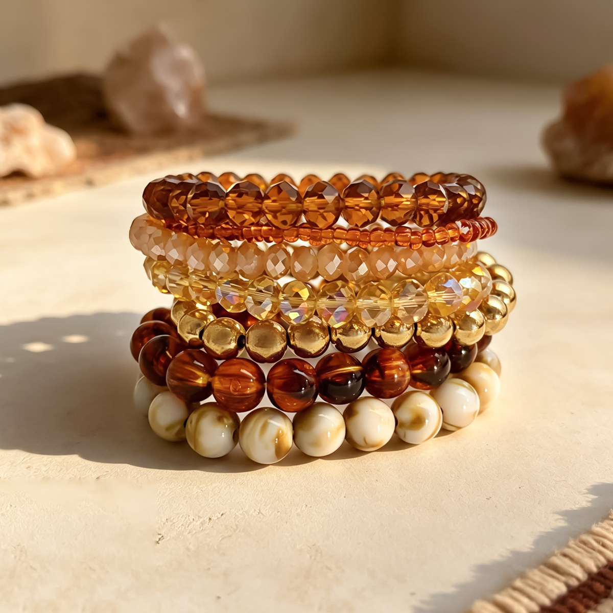 7pc Retro Caramel Color Beaded Bracelet Set