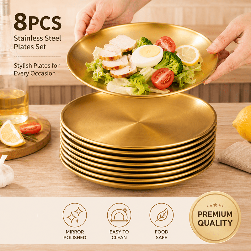 TEMU 8pcs Golden Stainless Steel Dinner Plates, Salad Plates, Dessert Plates, Barbecue Plates, Suitable For Kitchen, Camping, Outdoor Picnics,
