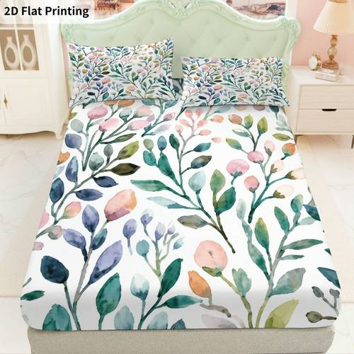 item picture 2D Flat Printing 3pcs Plant Floral Watercolor Fitted Sheet Three Piece Set (1 X Fitted Sheet And 2 X Pillowcases, ), , Green Plant bedding, Mattress Protector Soft, Breathable