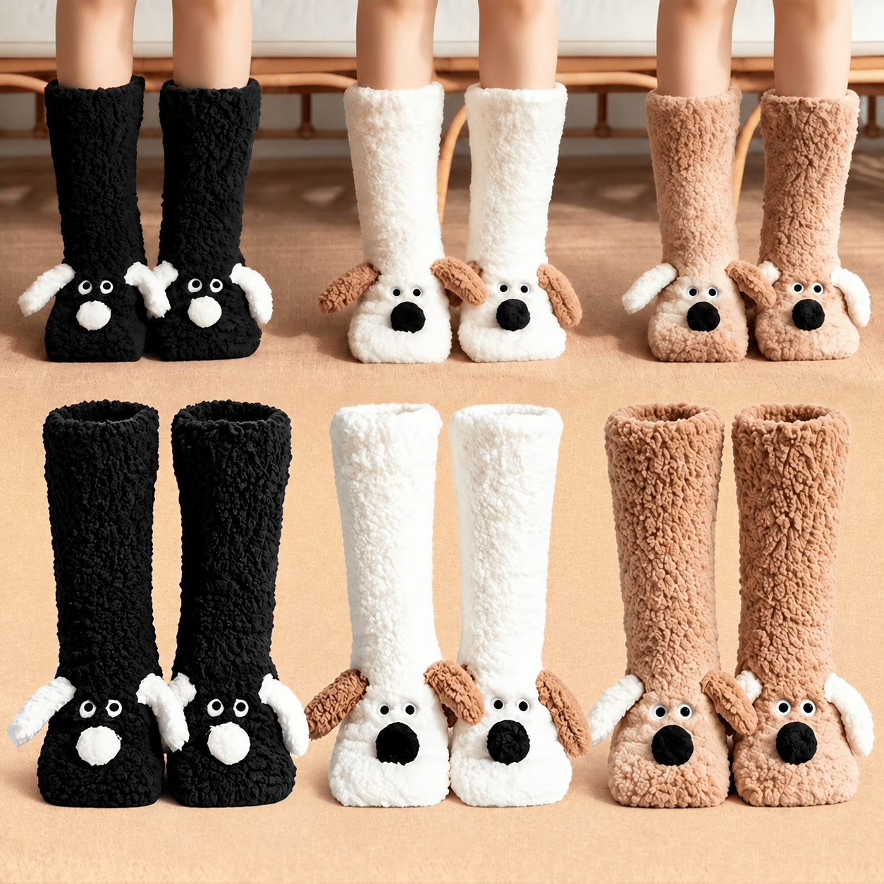 TEMU 3-pair Women's Cute Puppy Pattern Floor Socks In Black/apricot/white, Non-shedding And Machine Washable. Cartoon Animal Plush Socks, Super Soft,
