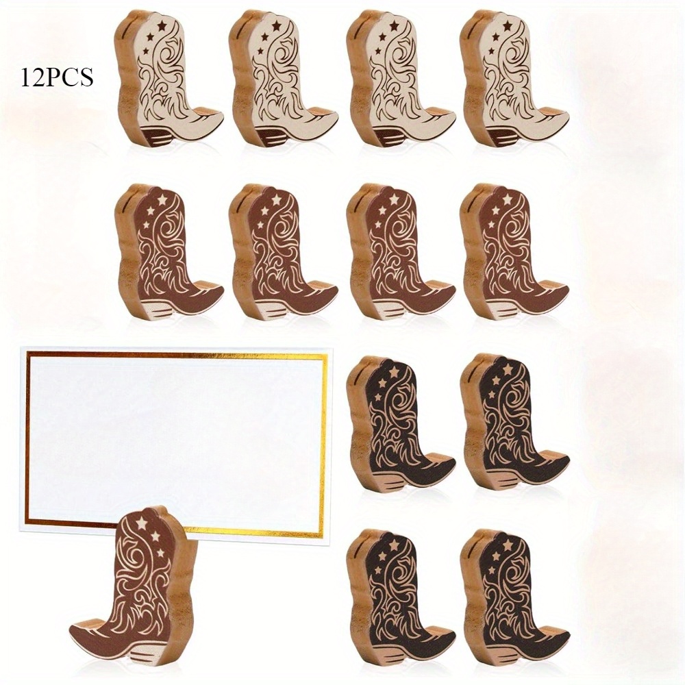 TEMU 12pcs Cowboy Boot Card Holder Ornament Gradient Brown Wooden Table Number Holder Wild West Name Card Display Stand For Party Table Setting