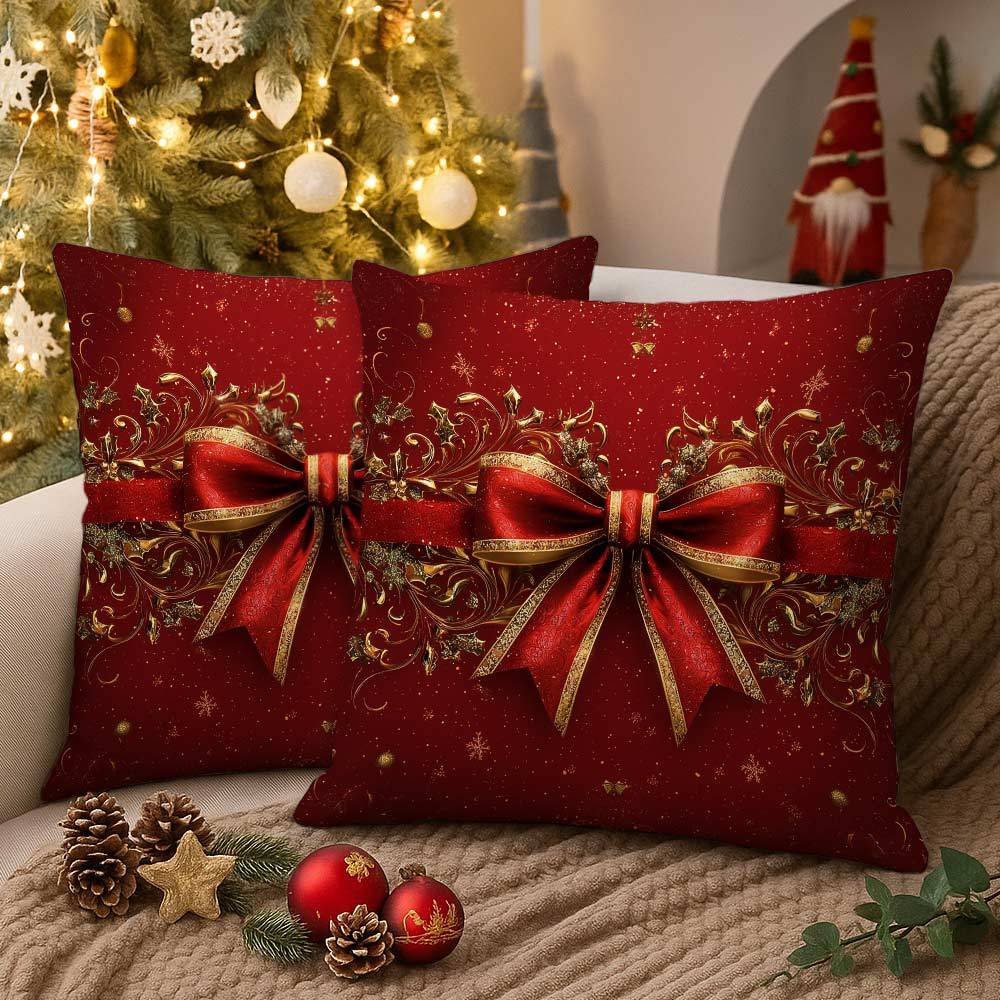 TEMU Lot de 2 taies d'oreiller imprimées en 2D avec nœud de Noël rouge — Motif coussin décoratif de Noël, housses de coussin multifonctionnelles,