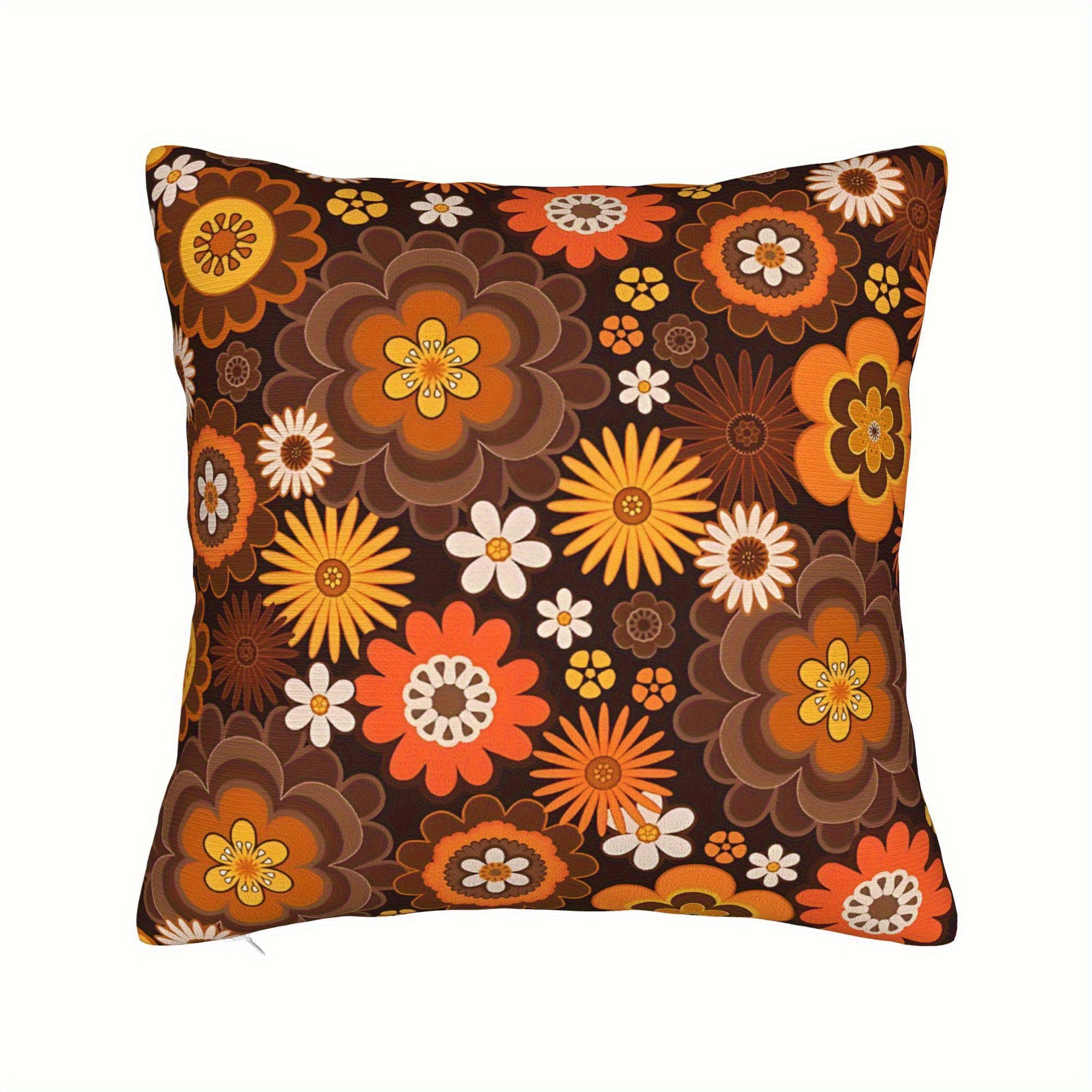 TEMU 1pc Of 70s Vintage Floral Pillow Cover, Double-sided Print, Featuring , Brown, White, Black, Yellow, Red, And With Deep Brown Accents, Zip