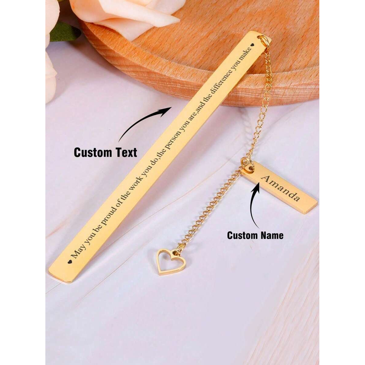 TEMU 1pc Custom Stainless Steel Bookmark Heart-shaped Tassel Pendant Bookmark Metal Bookmark Personalized Anniversary Bookmark Back-to-school Gift