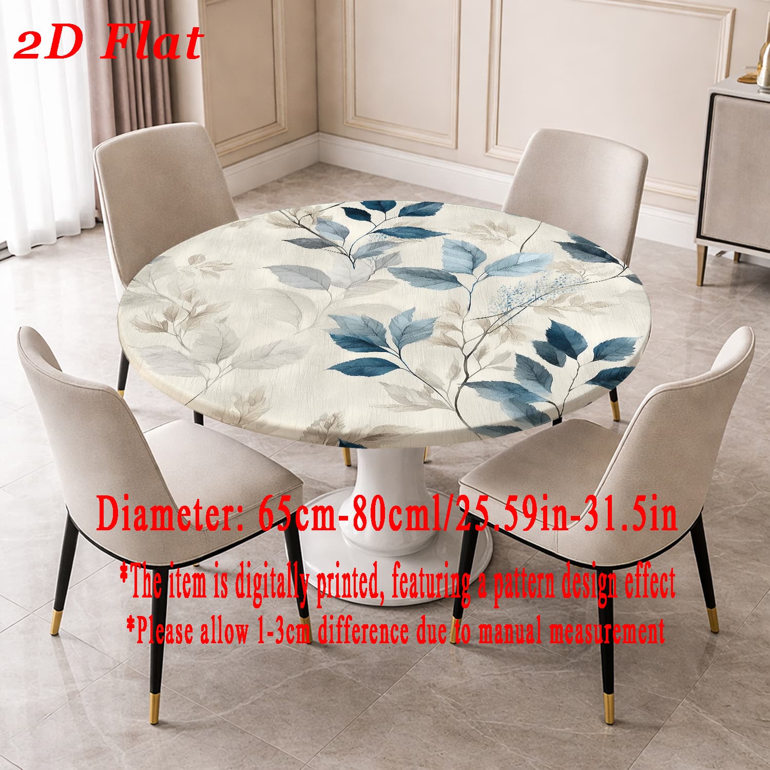 TEMU Nappe élastique 2D plate bleu-gris à motif d'impression numérique de feuilles, couvre-table rond extensible, adapté aux tables rondes, amovible
