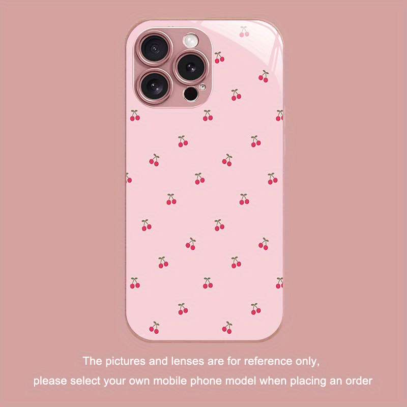 TEMU Phone Case: Trendy Minimalist Cherry Pattern Metallic Paint Tempered Glass Phone Case For Iphone 16/16 Pro/16 Plus/16 Pro Max/ Pro/15 Pro
