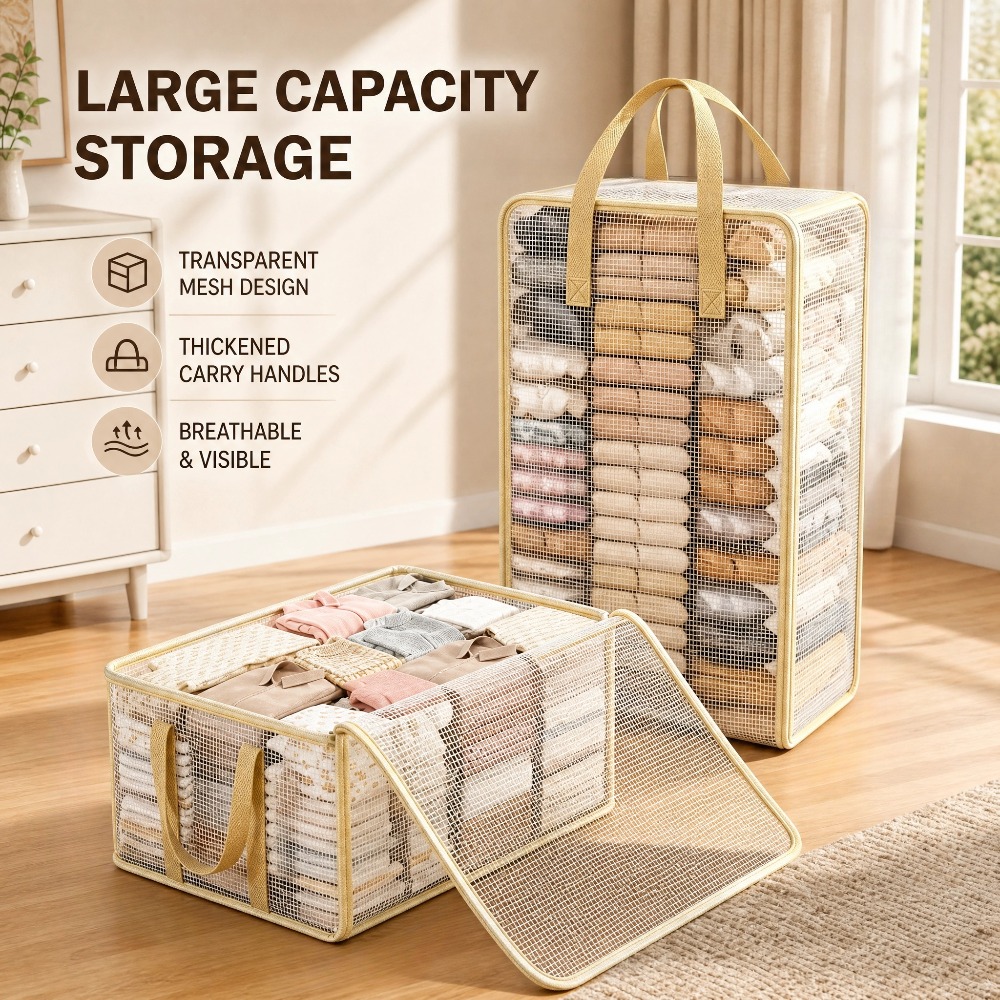 TEMU Medium & Large 2 Pack See Through Mesh Storage Baskets, Stackable Breathable Closet Organizer Boxes With Reinforced Handle & Flip Zipper Cover,