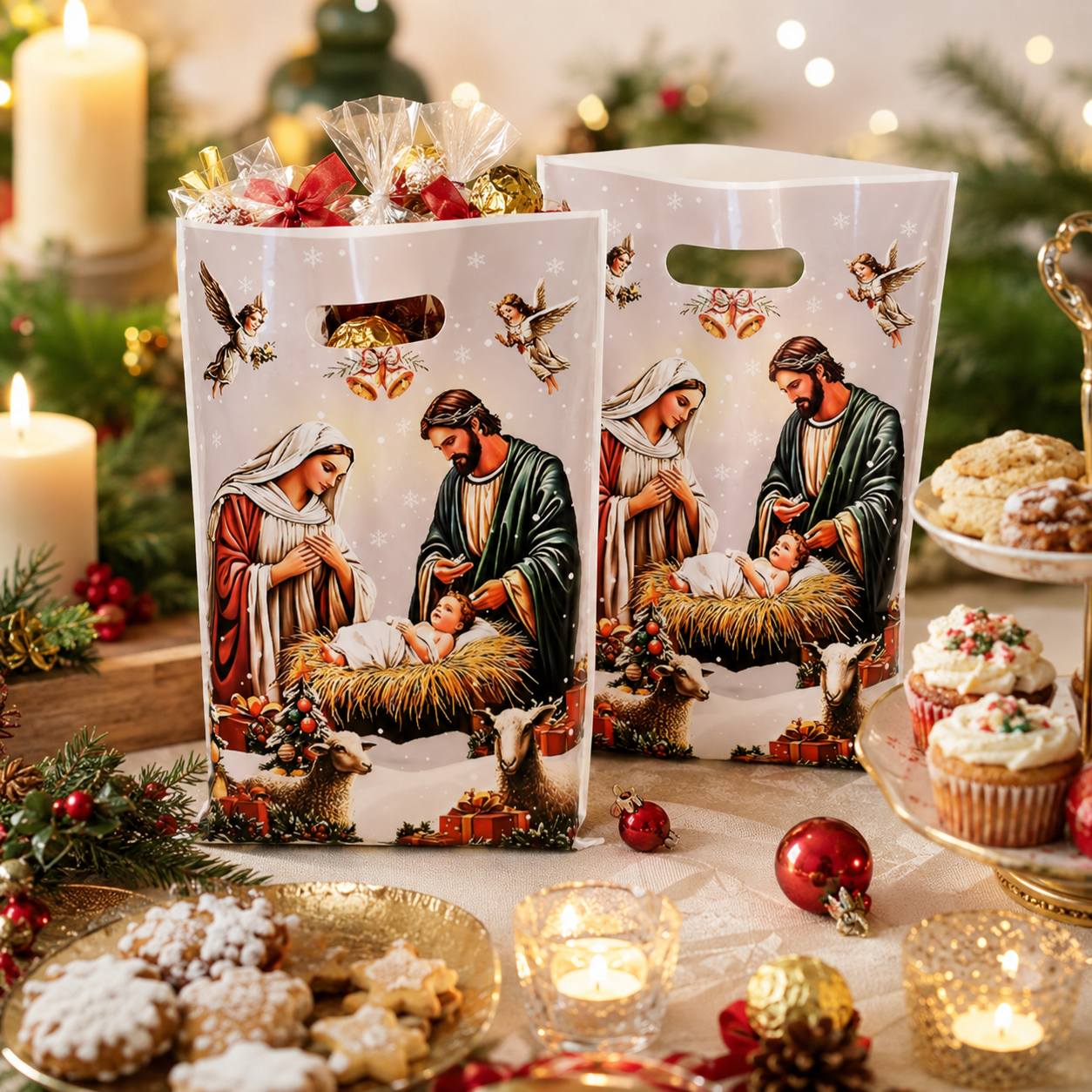 TEMU 60-pack Christian Christmas Gift Bags With Handles, Nativity Scene And Designs, Religious Holiday Treat Bags For Christmas Gifts, Church Events,
