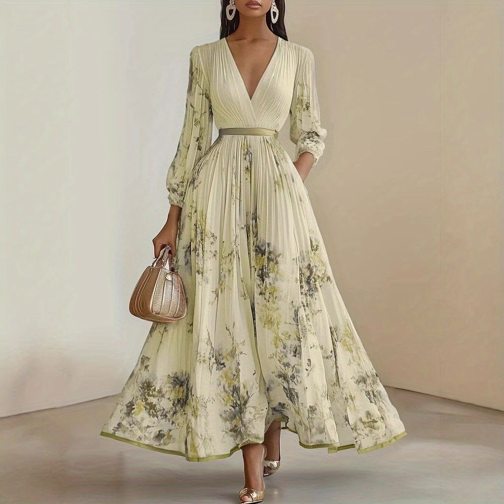 womens elegant floral print dress formal casual party wedding outfit with cinched waist flowy long sleeves   party everyday dress in beige green white black womens formal everyday attire dresses for wedding guest versatile fashion   design sophisticated tailoring     fabric adult clothing Product details 11