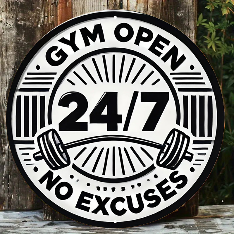 

Ronde Aluminium Gym Sign - Haltères, Motivation Fitness, Art métal vintage, Ouvert 24/7, Pas d' Thème, Décoration pour salle de sport à domicile, Bar, Café, 7,8