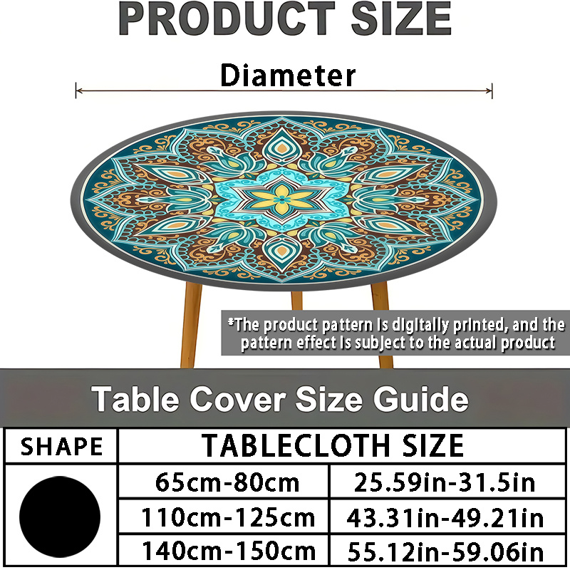 TEMU 1pc Exquisite Mandala Pattern Printed Round Elastic Tablecloth, Suitable For Family Holiday Gatherings And Camping Home Decor - Ideal Gift