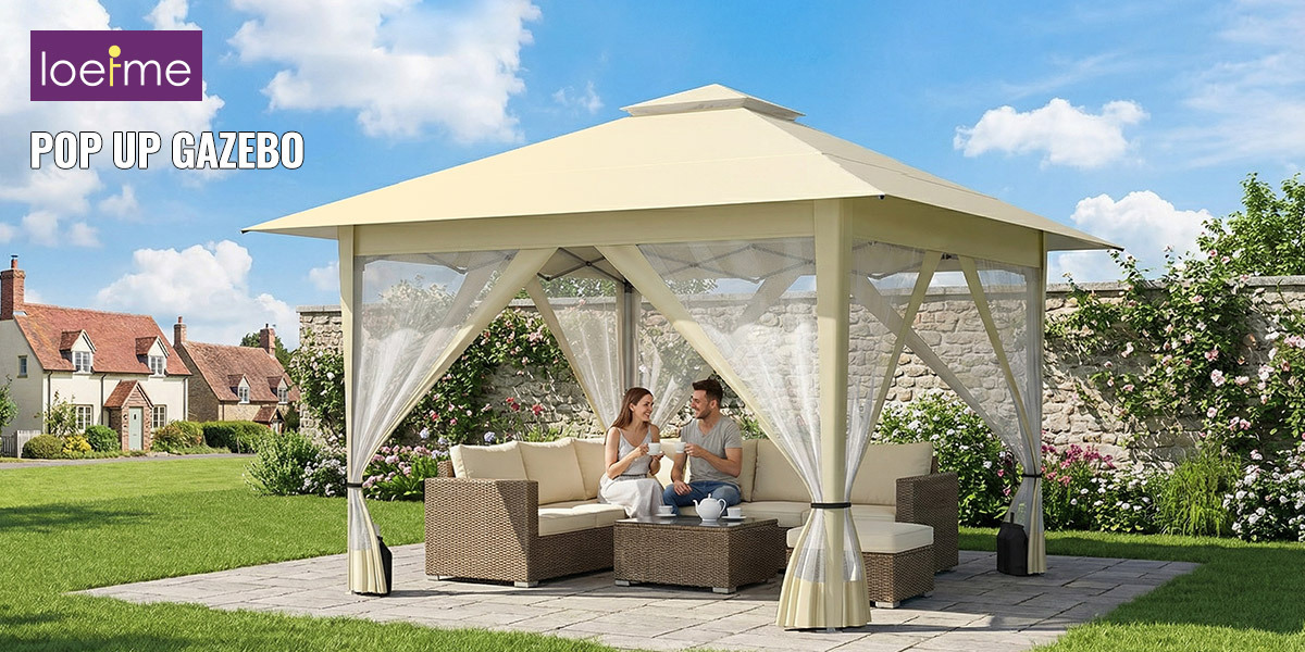 LOEFME 3.9x3.9m Сгъваем палатка-беседка с 4 подвижни странични панела и чанта за носене - Моментално сгъваем навес за външна градина, тераса, парти, пикник, къмпинг