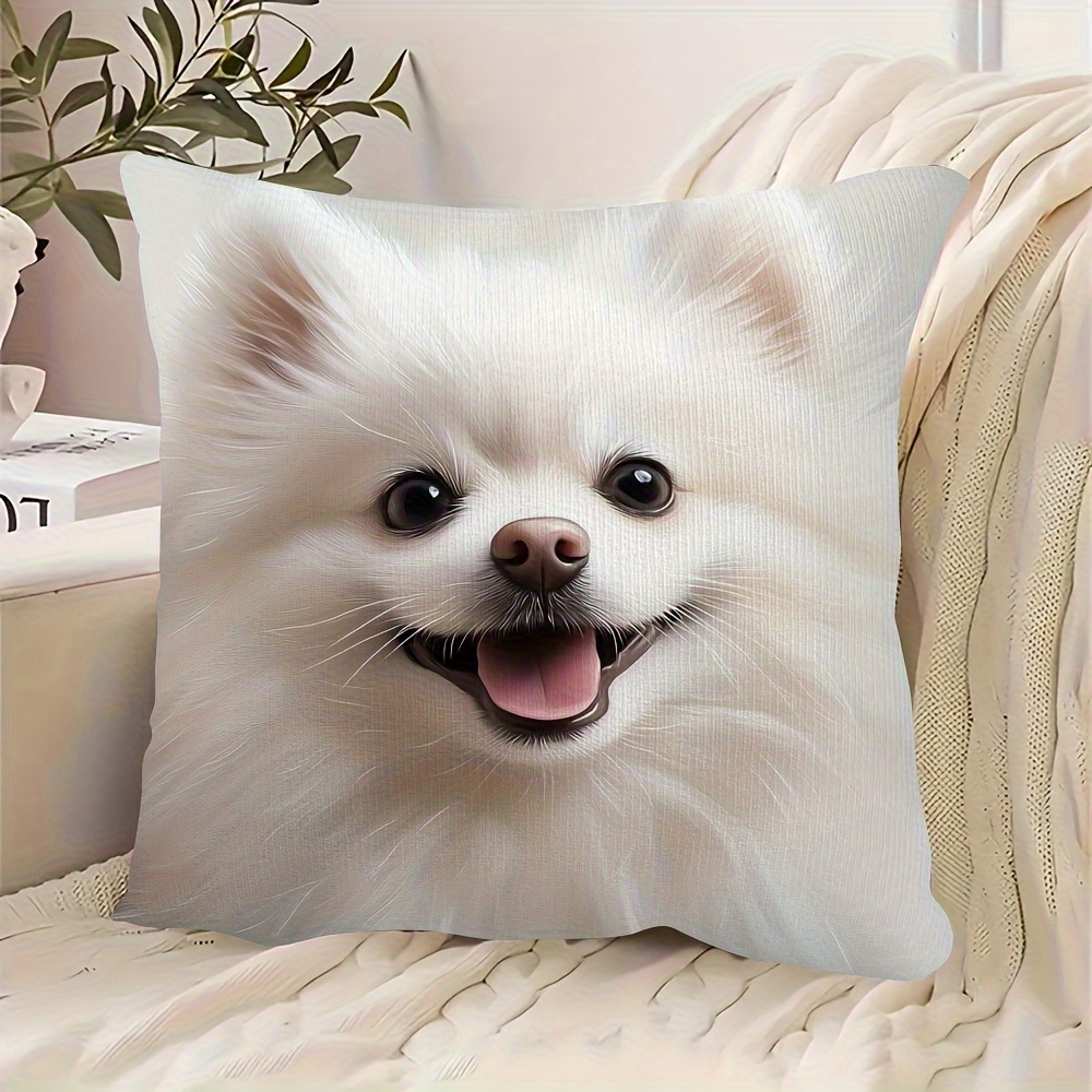 TEMU 1pc Of A Cute White Pomeranian Dog Pattern Pillowcase, Double-sided Print, Machine Washable, Zipper Closure, Suitable For Decorating Sofas,