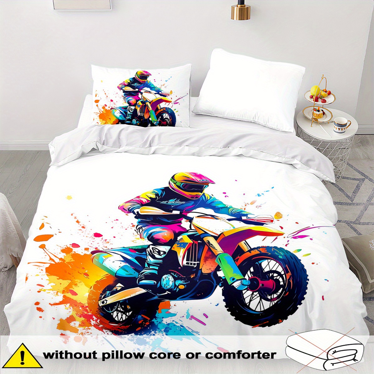 TEMU Motorcycle Theme Duvet Cover Set - 2/3pcs, Soft, Comfortable, And Breathable, Racing Motorcycle Themed Printed Bedding Set, Colorful Tie-dye