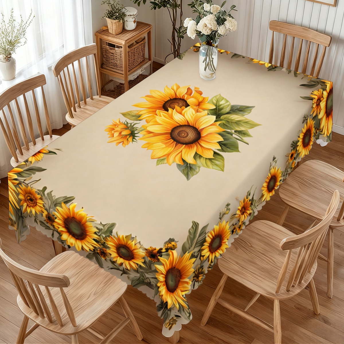 TEMU 1pc Elegant Spring Summer Yellow Sunflower Print Tablecloth | Edge Lace Design, Polyester Material, Machine Washable, Suitable For Home Outdoor
