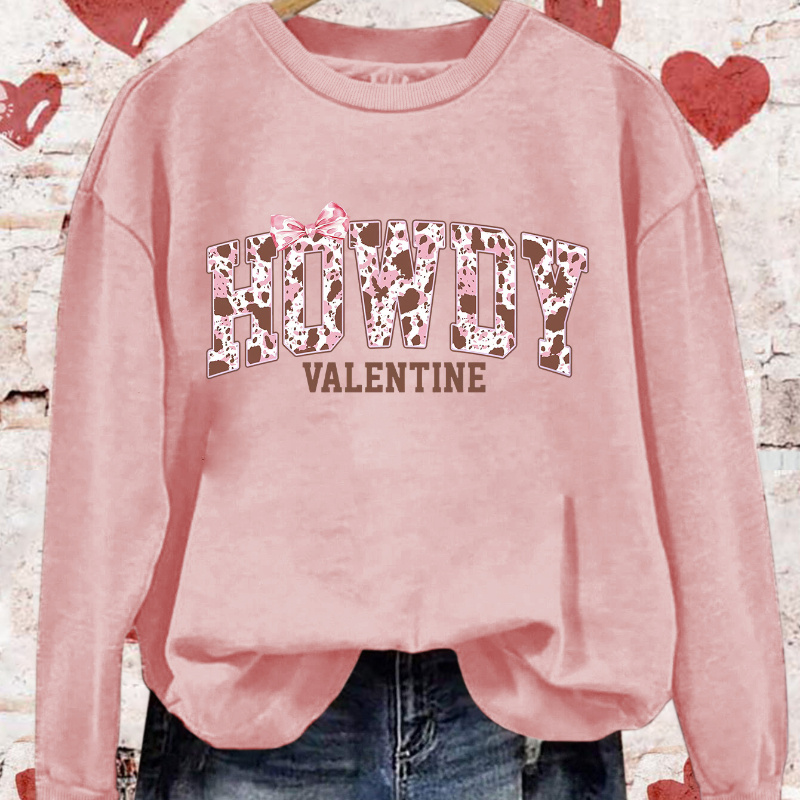 

Valentine's Day Casual Women's Pullover Sweatshirt With English Letter Print And Bow Detail, Round Neck, Polyester - Machine Washable, Autumn Winter, Fashion Sports