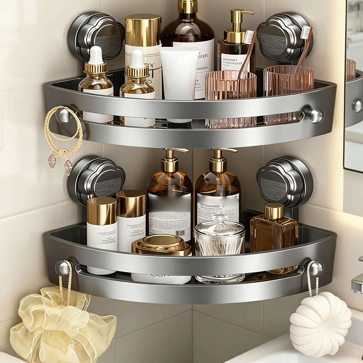 2 pack no drill suction cup corner storage organizer set with ventilation holes drainage holes side hooks and strong load bearing capacity   storing shampoo soap and other items in showers bathrooms or kitchens
