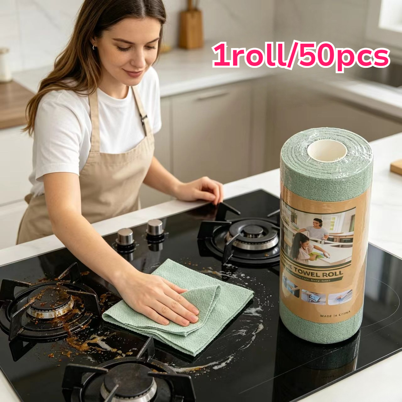 TEMU 1 Roll 50pcs Green Microfiber Cleaning Wipes, Tear-off Towels, Suitable For Car, Kitchen, And Home Cleaning